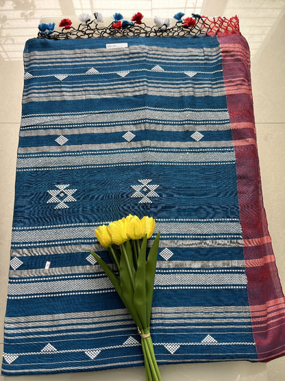 Blue and Red Khadi cotton all over thread butta  Pure Handloom Saree with Blouse piece SKC14