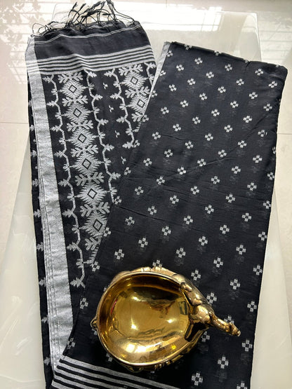 Black and Silver Khadi cotton all body weaving Pure handloom Saree with Blouse piece SKC9