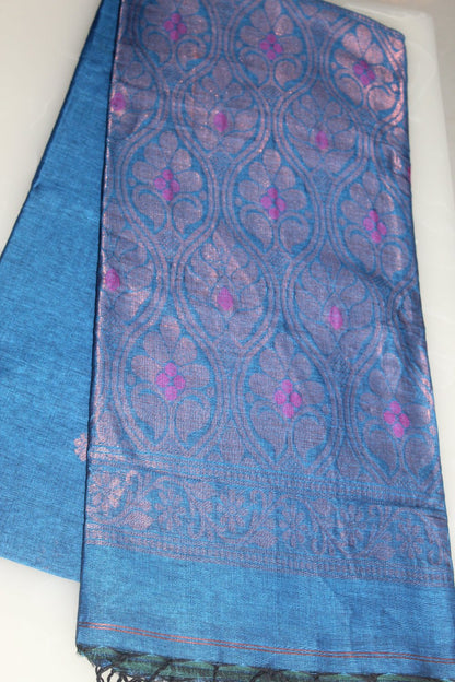 Teal blue Organic Linen Banarasi weaving Pure Handloom Saree with Blouse piece SLN120