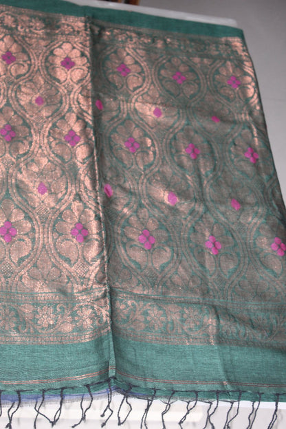 Dark Green Organic Linen Banarasi weaving Pure Handloom Saree with Blouse piece SLN121