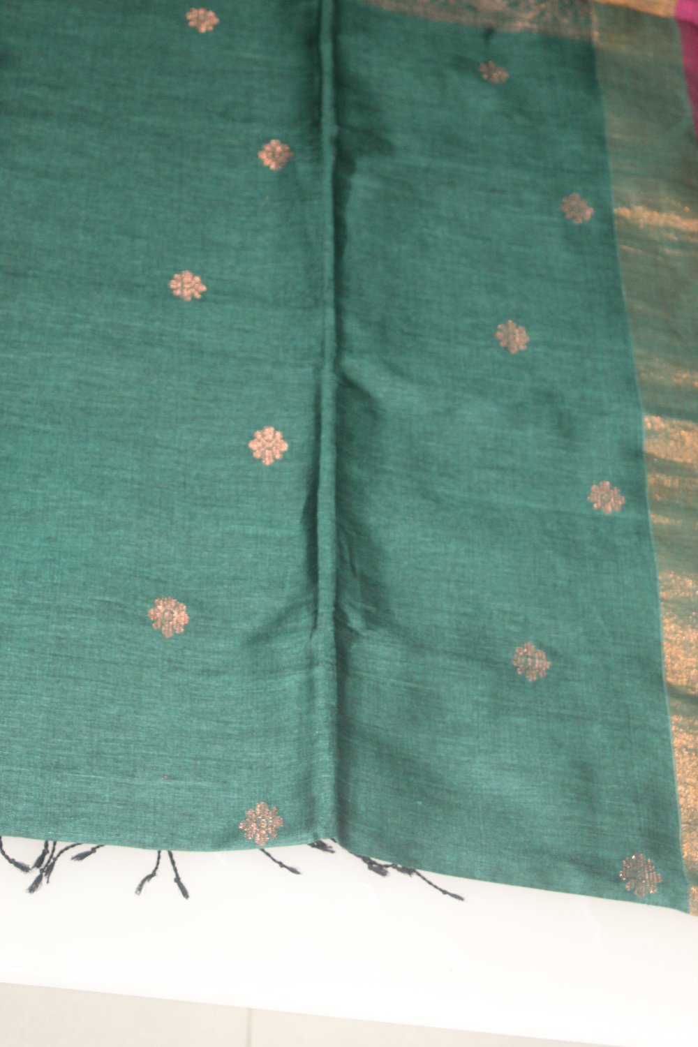 Dark Green Organic Linen Banarasi weaving Pure Handloom Saree with Blouse piece SLN121