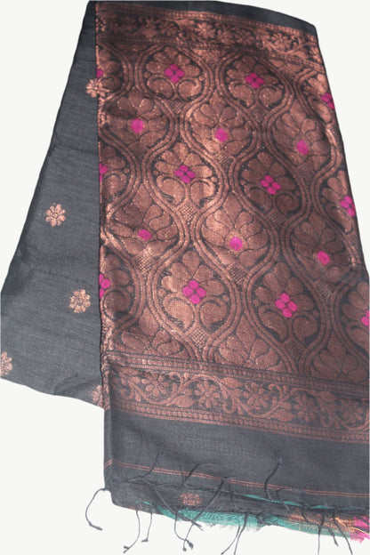 Black Organic Linen Banarasi weaving Pure Handloom Saree with Blouse piece SLN122