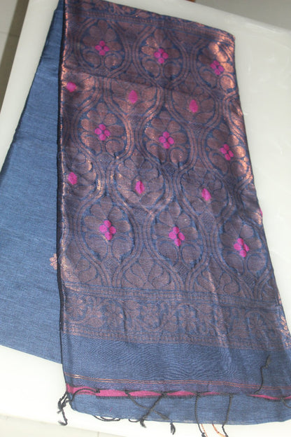 Navy Blue Organic Linen Banarasi weaving Pure Handloom Saree with Blouse piece SLN123