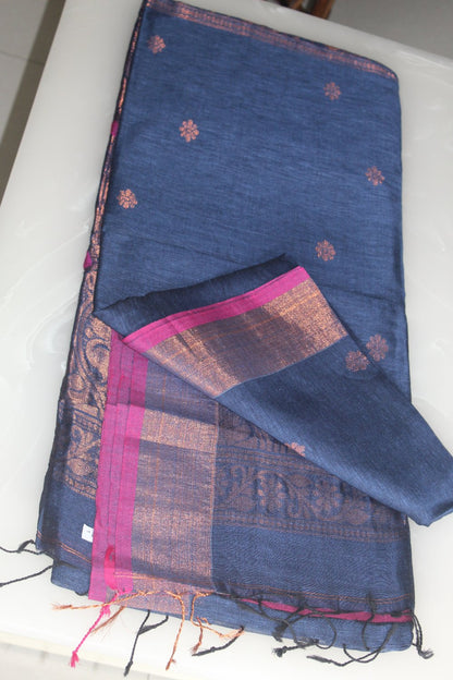 Navy Blue Organic Linen Banarasi weaving Pure Handloom Saree with Blouse piece SLN123