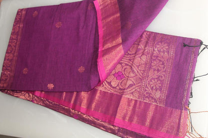 Deep Purple Organic Linen Banarasi weaving Pure Handloom Saree with Blouse piece SLN124