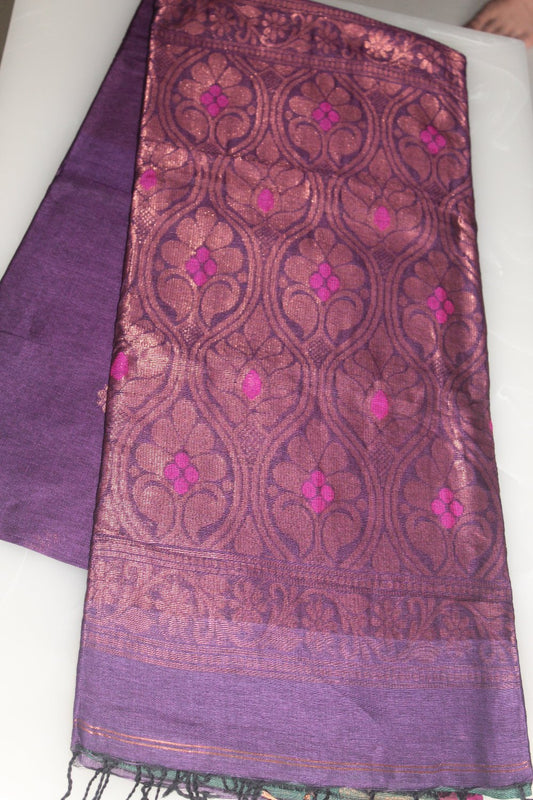 Dark Lavendar Organic Linen Banarasi weaving Pure Handloom Saree with Blouse piece SLN126