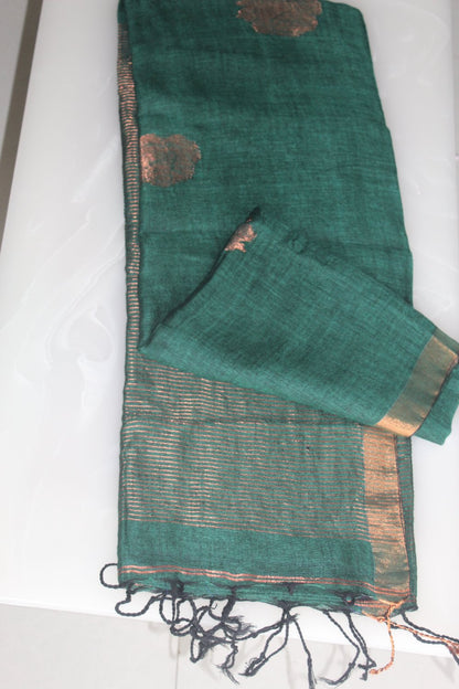 Dark green Linen Pure Handloom Saree with Blouse piece SLN127