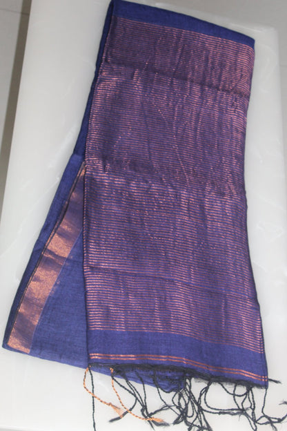 Navy Blue Linen Pure Handloom Saree with Blouse piece SLN128