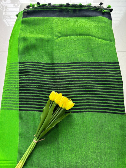 Black-Green Linen Pure Handloom Saree with Blouse Piece SLN31