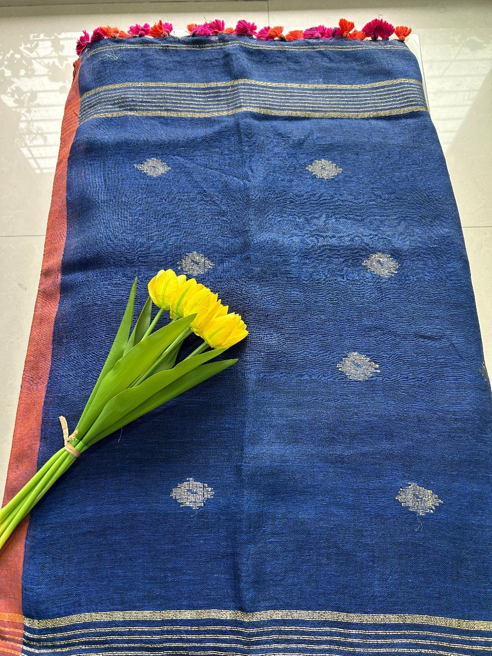 Navy Blue Linen Jamdani weaving Pure Handloom Saree with Blouse Piece SLN36