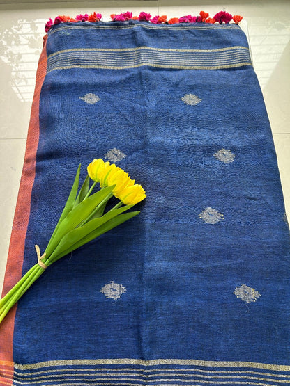 Navy Blue Linen Jamdani weaving Pure Handloom Saree with Blouse Piece SLN36