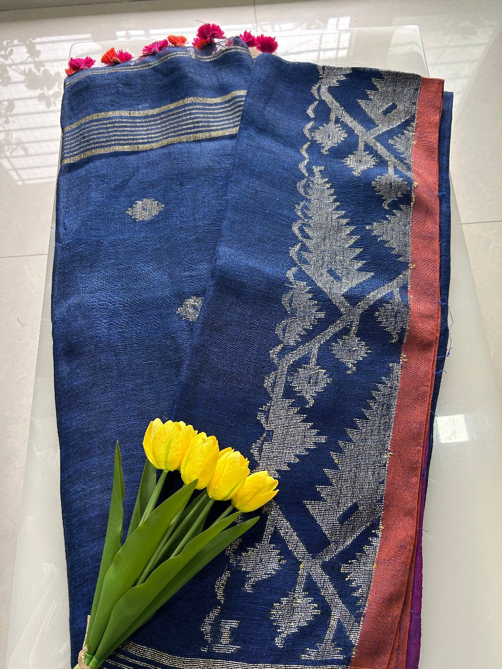 Navy Blue Linen Jamdani weaving Pure Handloom Saree with Blouse Piece SLN36