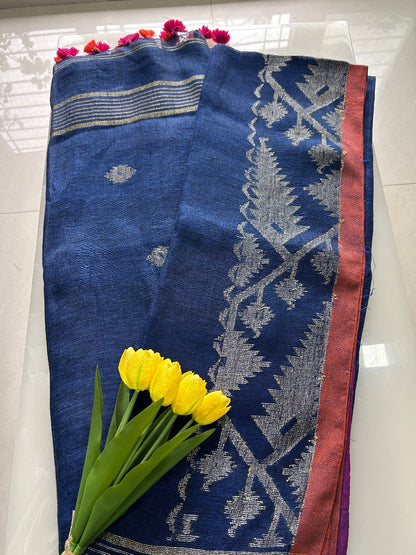 Navy Blue Linen Jamdani weaving Pure Handloom Saree with Blouse Piece SLN36