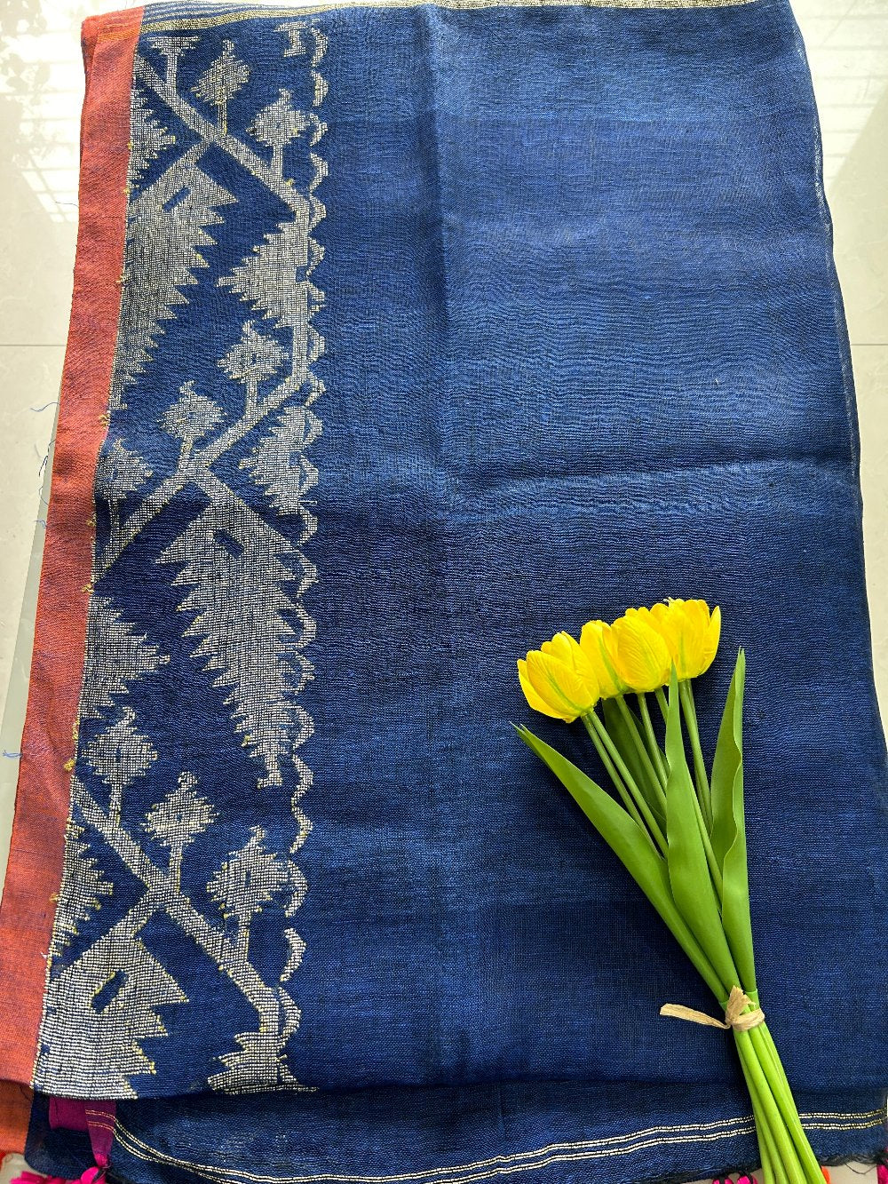 Navy Blue Linen Jamdani weaving Pure Handloom Saree with Blouse Piece SLN36