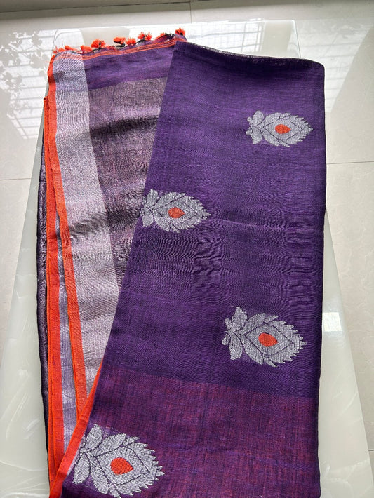 Dark Purple Linen Jamdani weaving Pure Handloom Saree with Blouse Piece SLN37