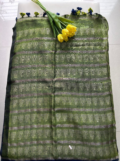 Dark Blue and Green  Jamdani weaving Pure Handloom Saree with Blouse Piece SLN39