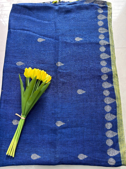 Blue and Green Jamdani weaving Pure Handloom Saree with Blouse Piece SLN40