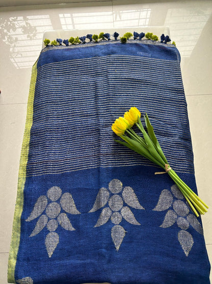 Blue and Green Jamdani weaving Pure Handloom Saree with Blouse Piece SLN40