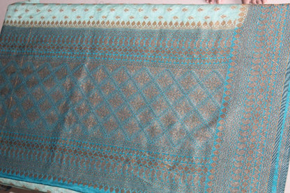 Light Green-Blue Khaddi Semi Georgette Banarasi Saree with Blouse Piece SSB85