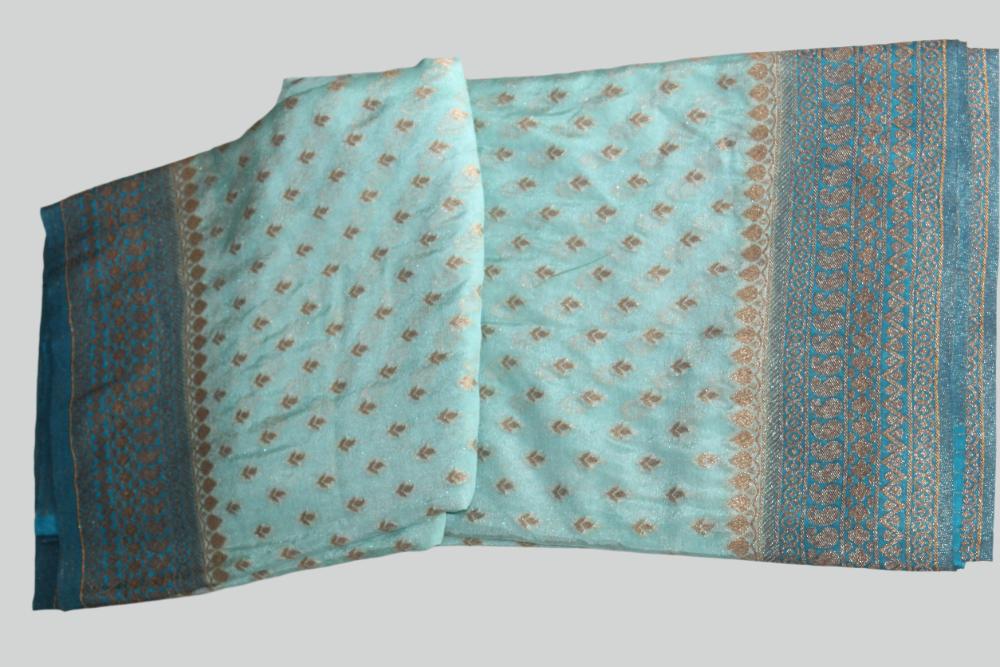 Light Green-Blue Khaddi Semi Georgette Banarasi Saree with Blouse Piece SSB85