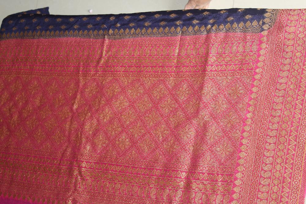 Blue -Pink Khaddi Semi Georgette Banarasi Saree with Blouse Piece SSB86