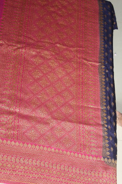 Blue -Pink Khaddi Semi Georgette Banarasi Saree with Blouse Piece SSB86