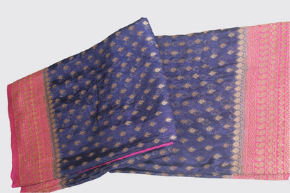 Blue -Pink Khaddi Semi Georgette Banarasi Saree with Blouse Piece SSB86