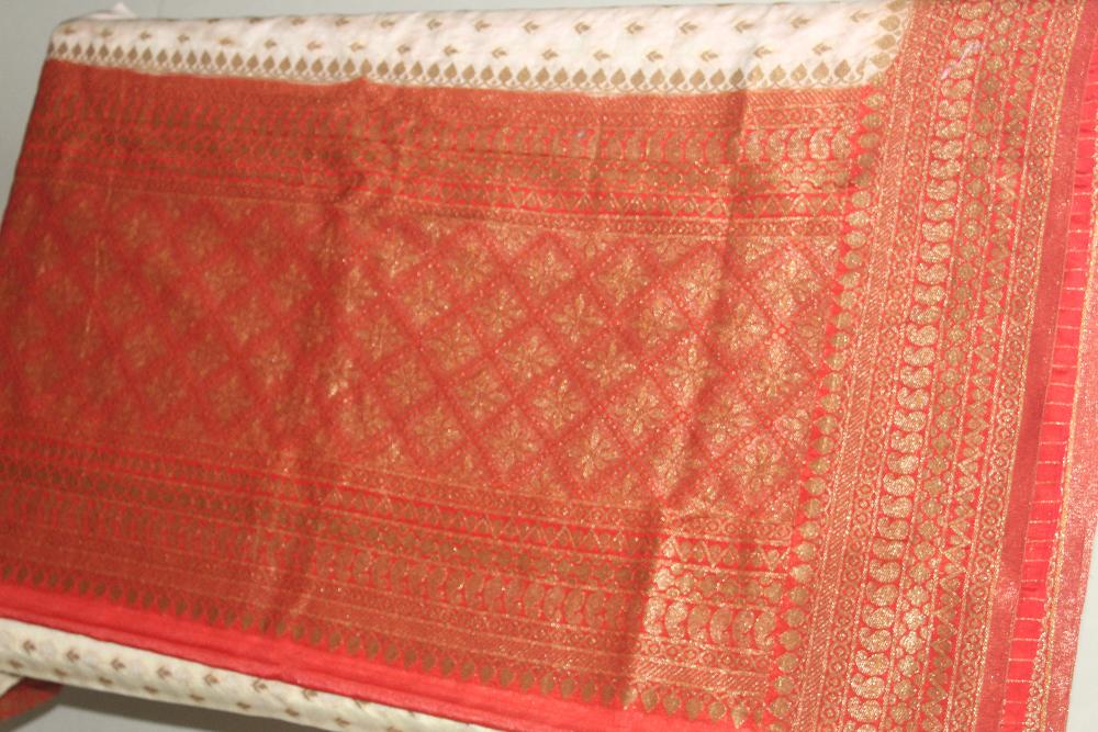 Cream-Red Khaddi Semi Georgette Banarasi Saree with Blouse Piece SSB88