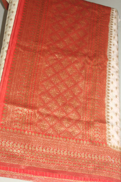 Cream-Red Khaddi Semi Georgette Banarasi Saree with Blouse Piece SSB88