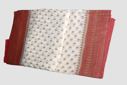 Cream-Red Khaddi Semi Georgette Banarasi Saree with Blouse Piece SSB88