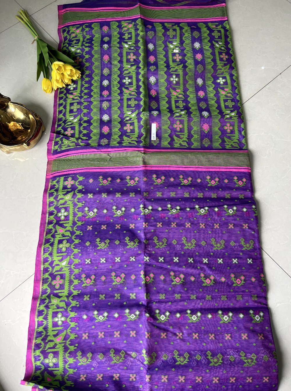 Dark Purple-Green-Pink Cotton Jamdani SSC17