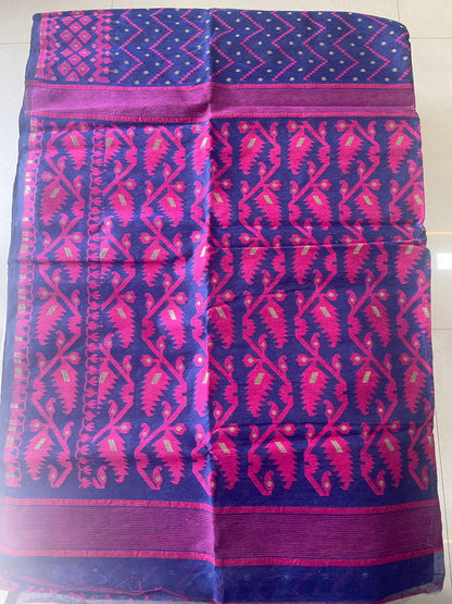 Navy Blue- Pink Cotton Silk Jamdani SSC27