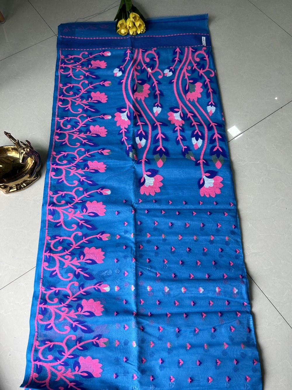 Blue-Pink -White Cotton Silk Jamdani SSC30